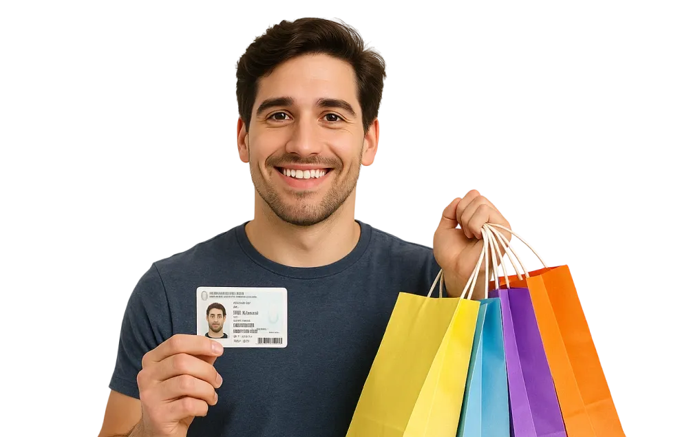 Persona feliz con bolsas de compras de diferentes colores de Yuhmak